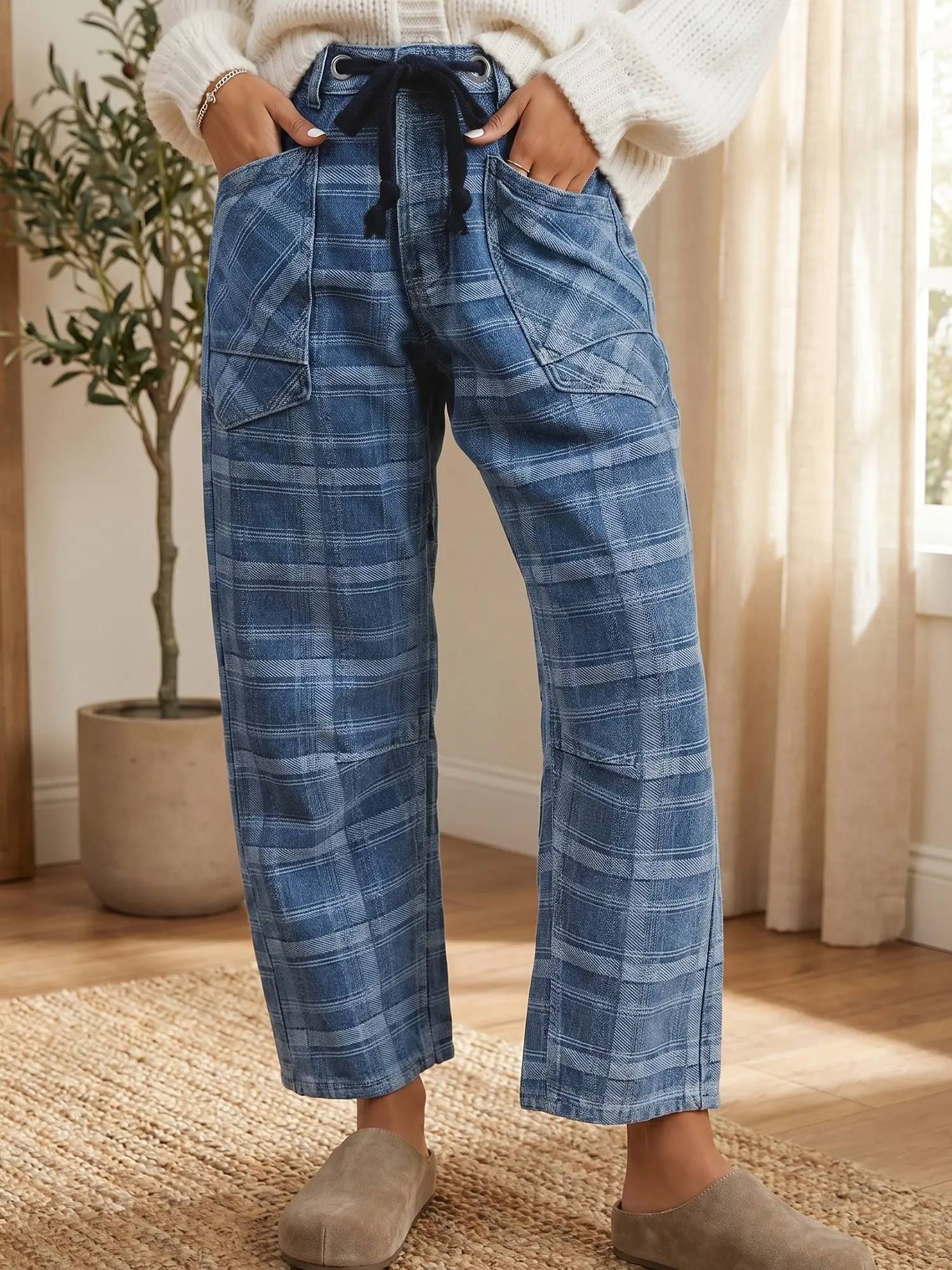 Plaid Denim Grommet Drawstring Waist Ankle-Length Jeans, Comfortable Drawstring Waist Allows Adjustable Fit Effortlessly.
