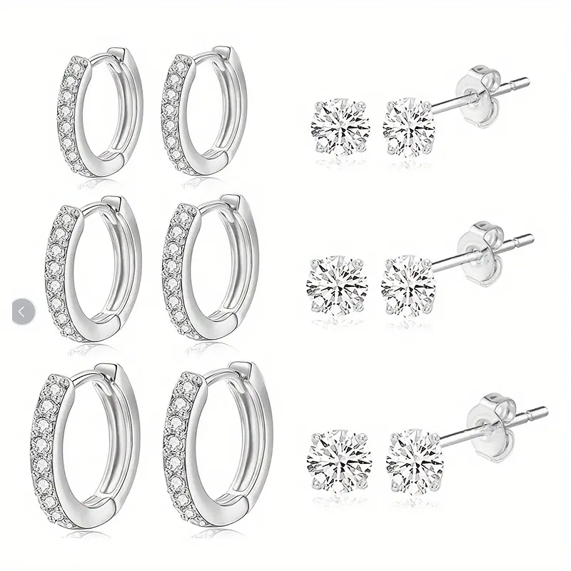 6 Pairs Silver S925 Earring Set – Multi-Size Round CZ Studs & Paved Tiny Huggie Hoop Earrings, Hypoallergenic Nickel-Free Stackable Jewelry for Cartilage Daily Party Vacation & Gift