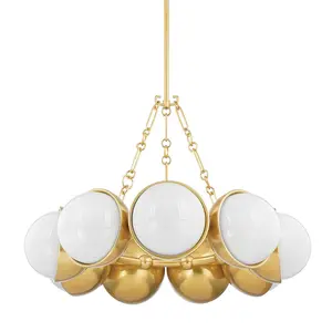 Althea Chandelier with Cloud Glass Globes and Vintage Polished Brass Caps