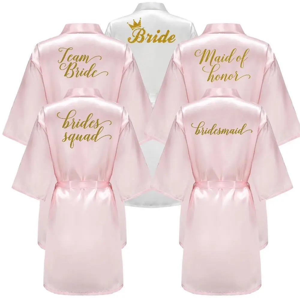 Wedding Party Bridesmaid Maid of Honor Robe With Gold Writing Letter Women Lady Pink Satin Bathrobe Kimono S-4XL