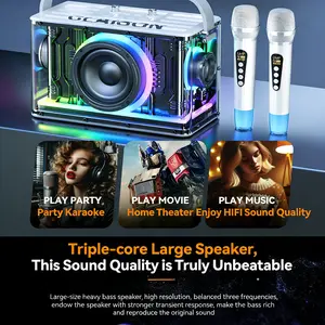 Portable Transparent Mecha RGB Lighting Karaoke Speaker: Hi-Fi Level Triple-Core Subwoofer, DSP Enhanced Sound, Dual UHF Wireless Microphones, 8 Adjustable RGB Effects, All-in-One Device for Home Karaoke, Movie Theater & Music Playback