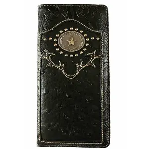 Men's Western Bifold Checkbook Wallet Black Leather with Lone Star Design