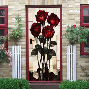 2pcs Stained Glass Style Red Rose Wall Stickers with High Definition Printing Technology Vibrant Colors and Rich Layers Self Adhesive Design for Easy Application on Walls Doors Windows Furniture and O