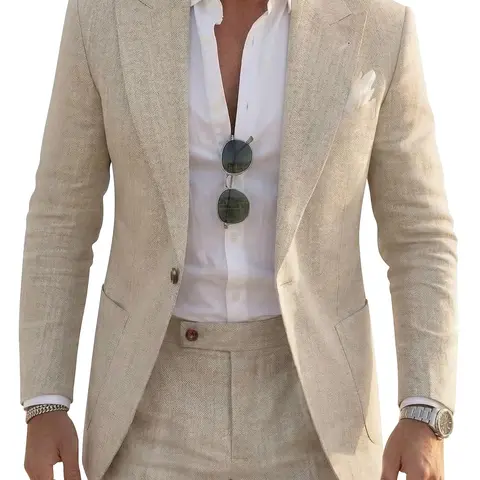 Men's 2-Piece Linen Suit - Long Sleeve Jacket & Pants, Menswear, Solid, Casual, Buttons Design, Dry Clean Suitable for Summer Wedding, Prom, Workwear