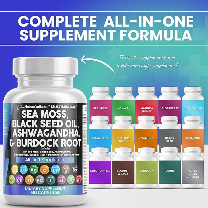Sea Moss 3000mg Black Seed Oil 2000mg Ashwagandha 1000mg Turmeric 1000mg Bladderwrack 1000mg Burdock 1000mg & Vitamin C & D3 With Elderberry Manuka Dandelion Yellow Dock Iodine Chlorophyll ACV