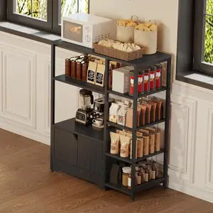 Garvee 31.6" Small Corner Coffee Bar Cabinet with Storage, Rustic Farmhouse Style Bar Stand Featuring Doors & Drawers, Compact Buffet Sideboard Ideal for Dining Room and Kitchen Organization in Black