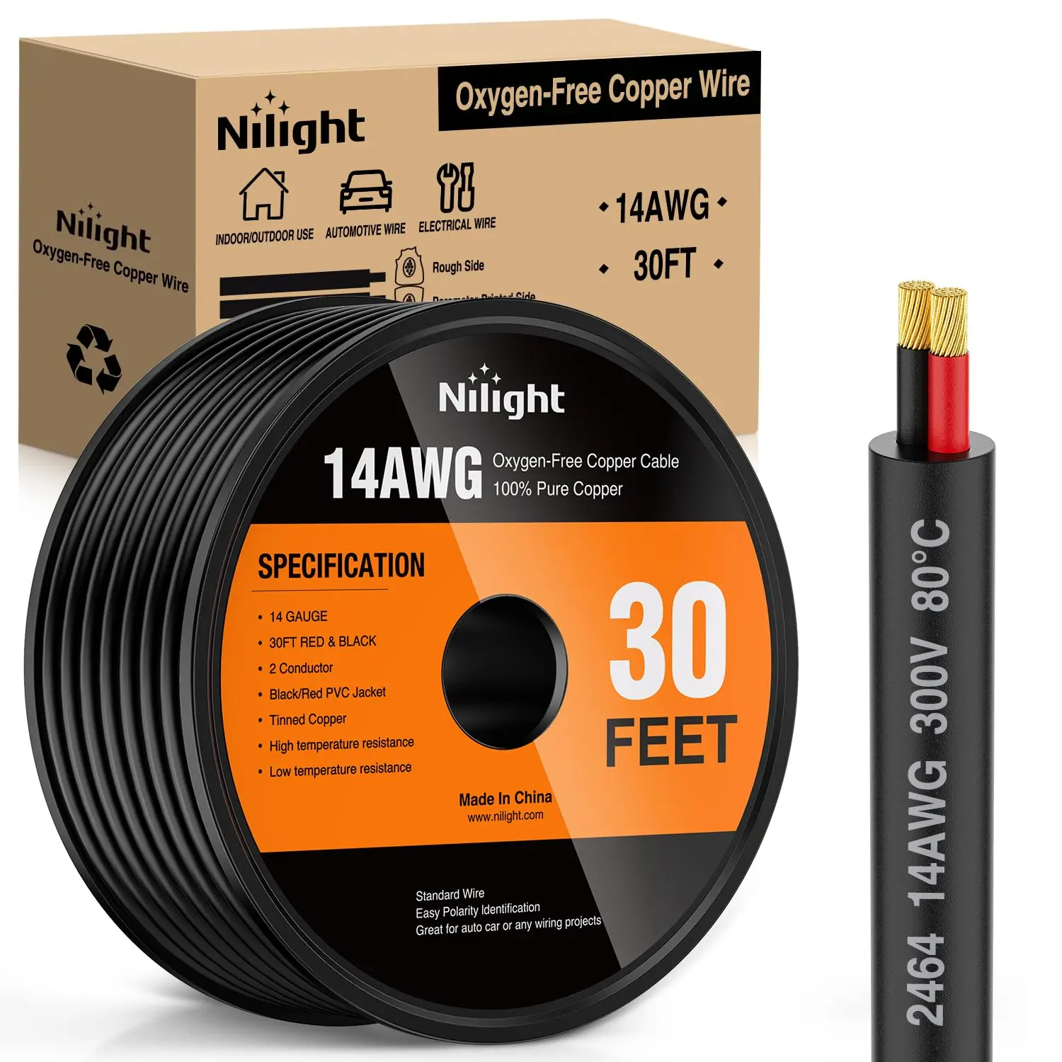 Nilight 30FT 14AWG Oxygen-Free Copper Electrical Wire - Red-Black Stranded PVC 2-Conductor Parallel Cord, 300V DC Flexible Safe Cable for LED Lights, Automotive Use