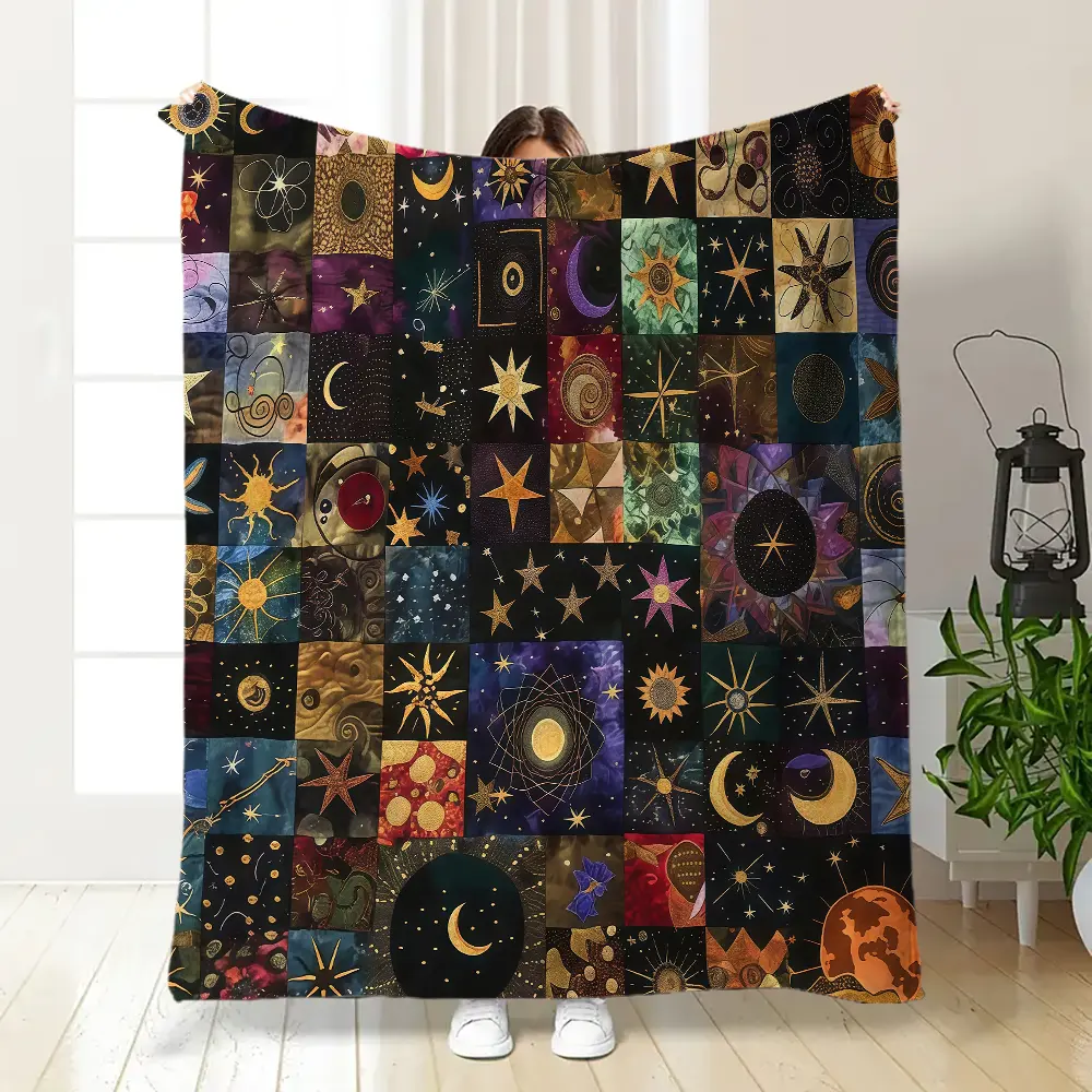 Celestial Patchwork Throw Blanket Sun Moon & Star Print Flannel Cozy Soft for Astrology Lovers Bedroom Decor Mystical Night Sky Gift