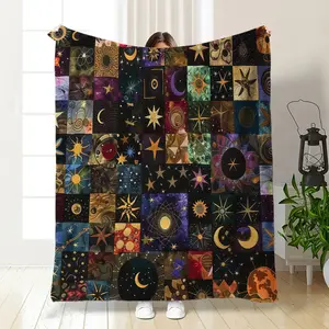 Celestial Patchwork Throw Blanket Sun Moon & Star Print Flannel Cozy Soft for Astrology Lovers Bedroom Decor Mystical Night Sky Gift