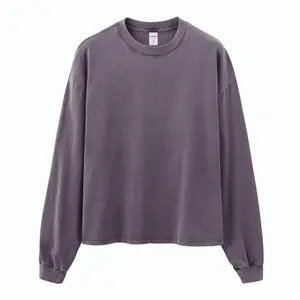 Inflation 100% Cotton 270g Cropped Boxy Fit Washed Oversize Streetwear Long Sleeve T-Shirt Autumn New American Vintage Washed Cotton Tee Short Menswear Top Tshirt Round Neck Crewneck Casual Bestie Operator Beige Plain