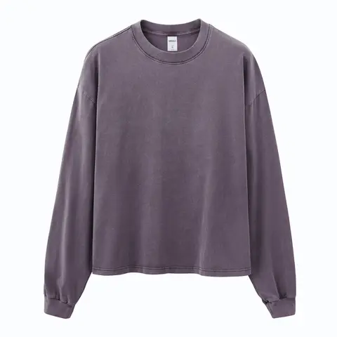 Inflation Streetwear Men's 100% Cotton 270g Oversized Cropped Boxy Fit Washed Crew Neck Long Sleeve T-Shirt - Beige Plain XL, Autumn Retro Casual Fashion, Baggy Crew Neck Men's Long-Sleeve Tops
