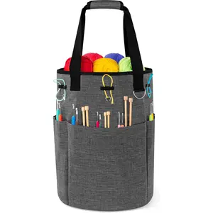 Crochet Bag Knitting Bag Organizer, Yarn Bag Storage Tote for Crocheting On The Go, Knitting Accessories Supplies Holder with Grommets,  for Crochet Lovers Knitters (Charcoal Gray)