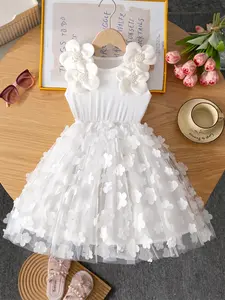 Girls Embossed Flower Princess Dress, Sleeveless Round Neck Design, Pearl Decorated Shoulder Straps, Knit Texture, Layered Mesh Skirt, Floral Dress, Pearl Accents