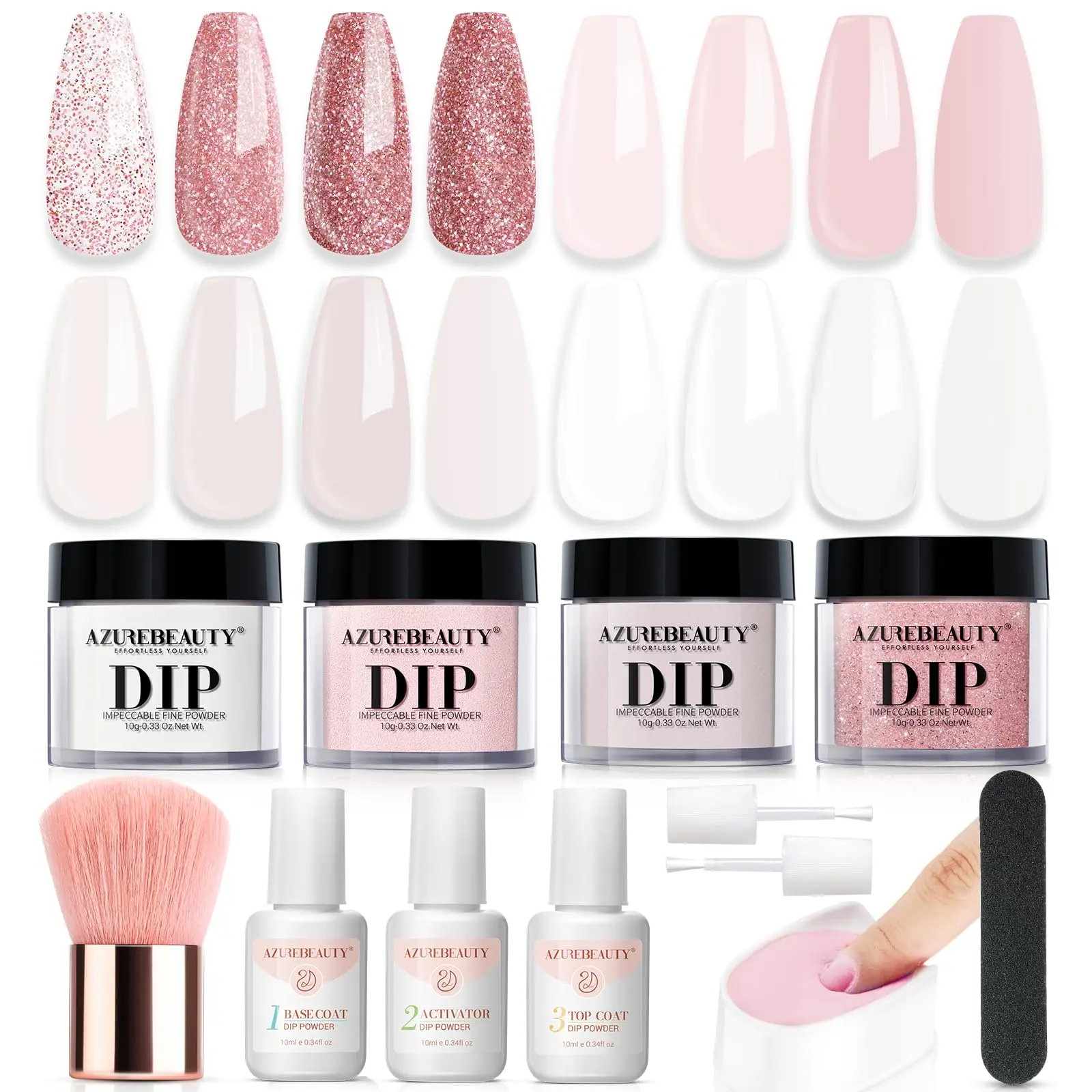 AZUREBEAUTY Dip Powder Nail Kit Starter, 4 Colors Glitter Soft Pink French Nail Art, with Base Coat, Top Coat and Activator Liquid, Suitable for All Seasons, Ideal for DIY Manicure and Salon Use, Nail Care, Cosmetic