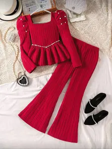 Elegant Young Girls Sequined Ribbed Fleece Round Neck Puffy Sleeve Top and Simple Knit Long Pants, Casual Fall Winter, Casual Outfit Set, Casual Fashion Set, Ribbed Set