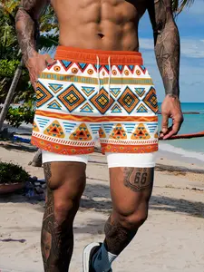 Men's Boho Geometric Print Two-Layer Beach Shorts, Swimming Trunks, Quick-Dry Anti-Slip Vacation Swimwear, Party Playwear Essential