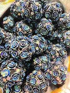 R124- (5PCS) 18mm Fancy Round Black AB Roses/Rhinestones Clay Beads for DIY