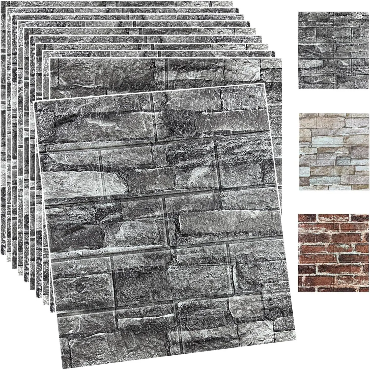 10 count 3D Wall Panels Peel and Stick  3D Brick Wallpaper Peel and Stick Black Faux Stone Wall Panel Self-Adhesive Wallpaper (10PCS, Black)