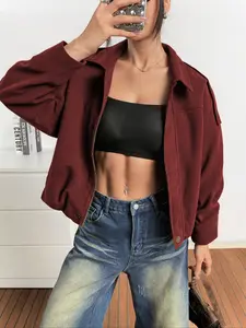 Women's casual suede leather jacket, maroon imitation leather flight jacket, bomber jacket, baseball jacket, oversized bat-sleeve jacket, Christmas and Valentine's Day jackets, casual sporty style, Y2K retro style, Douyin hit items