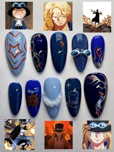 1 Piece Sab0 Press On Nails | Handmade Anime Nail Set | 3D Blue & Silver Character Inspired False Nails Set for Beaches, Summer, Holiday, Vacation, Birthday