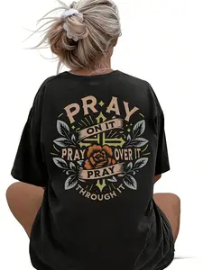 Women'S Floral & Letter Print Drop Shoulder Tee, Casual Half Sleeve Round Neck T-Shirt For Summer, Women'S Top For Daily Wear T-Shirt For Men And Women.