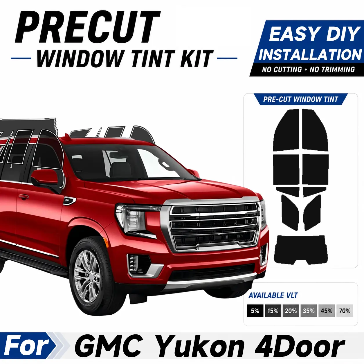 Automotive Custom Size Precut Window Tint - Easy to Apply Installation Pre Cut Tint Kit, Sun protection UV Protection & Car For GMC Yukon 4Door 2000-2026