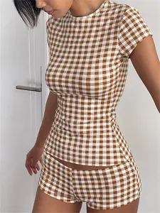 Absobe Women's Plaid Print Low Rise Shorts Casual Two-Piece Set Clothes Womenswear