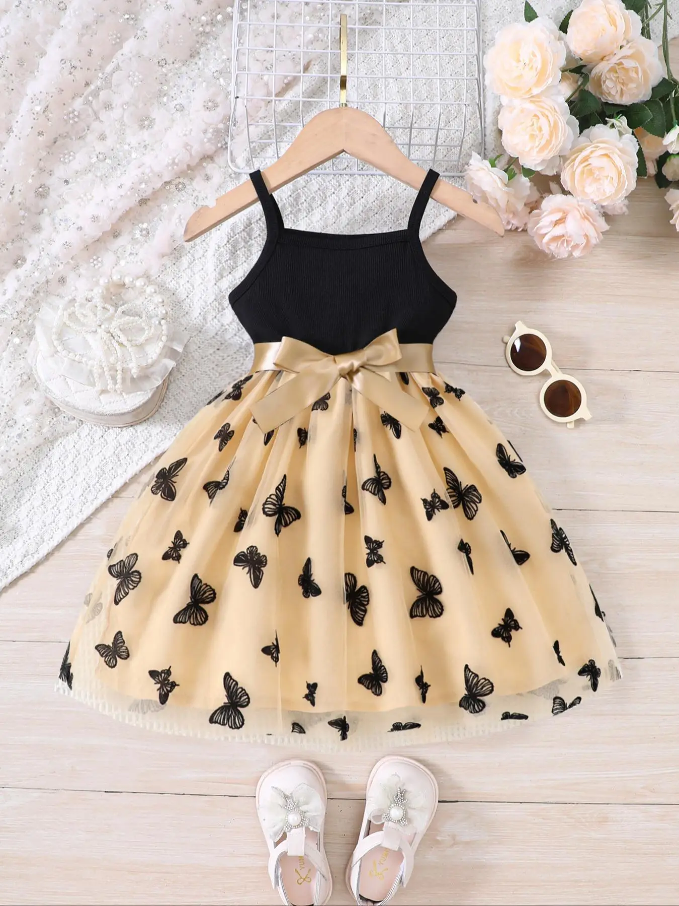 Girl's Butterfly Pattern Bow Decor Dress, Cute Casual Sleeveless Dress for Party Holiday Vacation, Kids Clothing for Summer