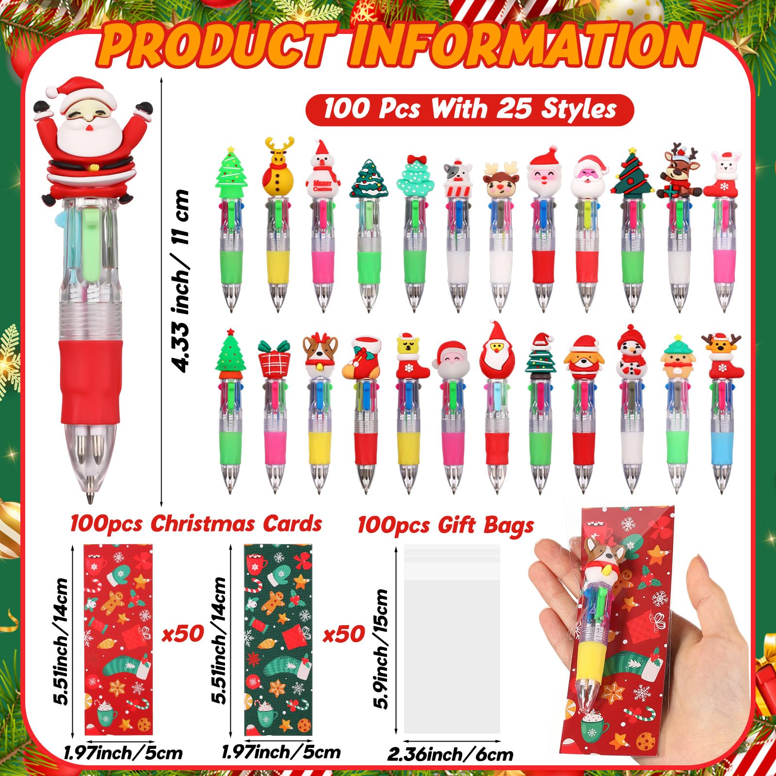 100PCS Christmas Multicolor Animal Ballpoint Pens Bulk - 4-in-1 Retractable Compact Multiple-Function Holiday Writing Pens with Gift Cards for School Classroom Rewards, Party Favors, Stocking Stuffers