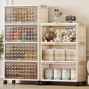 Foldable Storage Cabinet with Wheels, No Assembly Required, Thickened PP Plastic Stackable Organizer, Flip-Top Door for Home, Snacks, Toys & Clothes