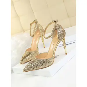 Women’s fashionable glitter sequin stiletto heels, elegant pointed-toe high heels for parties and banquets, stylish ankle-strap pumps for everyday wear