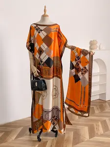 Women's Boho Style Geometric Print Long Maxi Scarf Wrap, Casual Versatile Satin Scarf for Sun Protection, Fashion Accessories for Beach Vacation