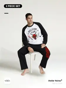 Stranger Things Hellfire Club 「2-Piece Set」Comfortable Breathable Patchwork Long Sleeve + Pants, Casual Loose Fit Unisex Home Wear