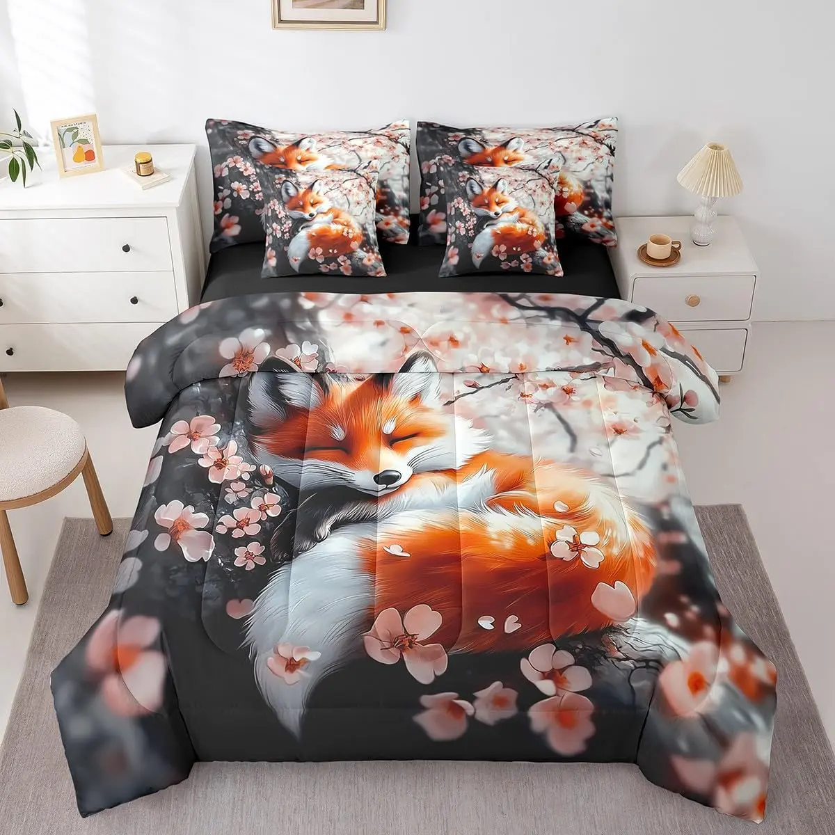 Feelyou 7-Piece Japanese Cherry Blossoms Bedding Set - Cute Cartoon Fox Comforter Set, Woodland-Themed Bed-in-a-Bag with Matching Sheets