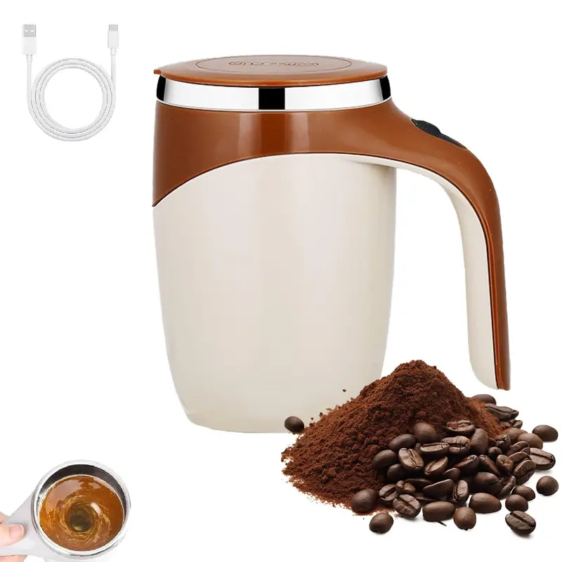 Rechargeable Magnetic Auto-Stir Tumbler Mug - ABS Plastic, Button-Control, Detachable Reusable Drink Cup with Lid, Travel Spill Guard, Perfect Gift for Colleagues (Brown)
