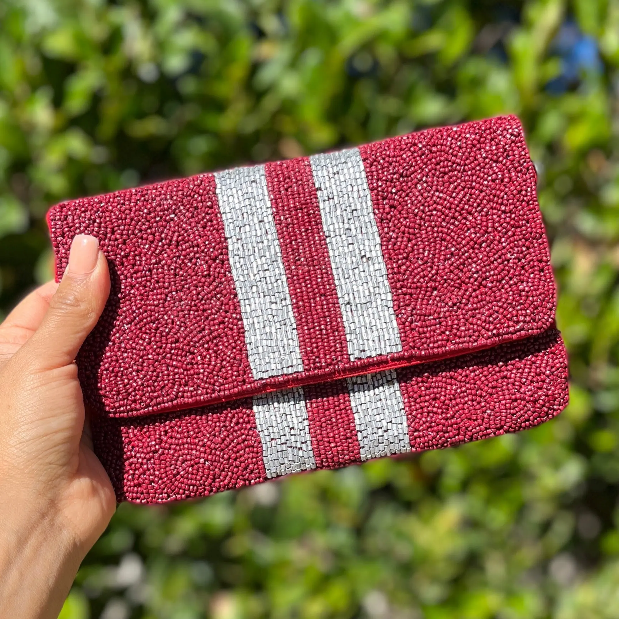 Maroon Silve Beaded Clutch Purse