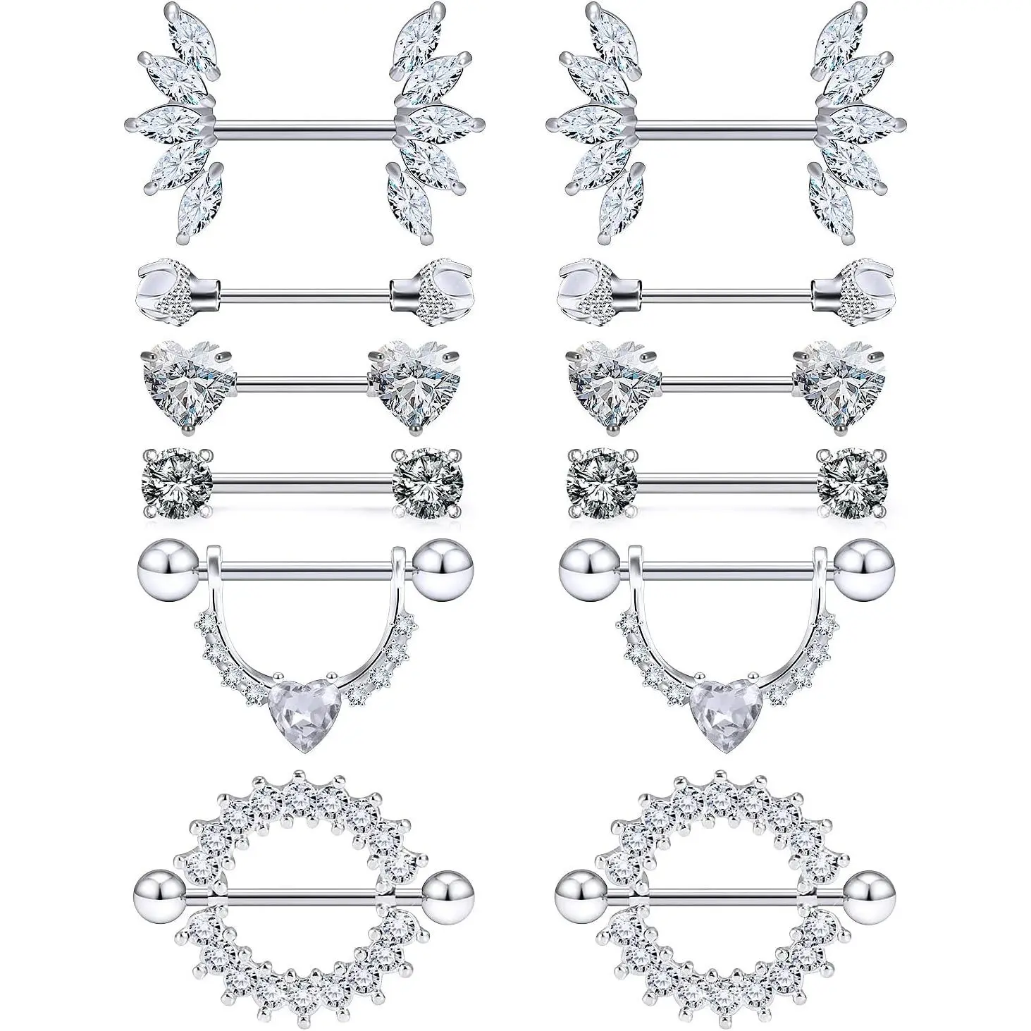 14G Surgical Steel Nipple Rings for Women Nipple Shield Barbell Ring Bar Nipple   Clear  CZ Set