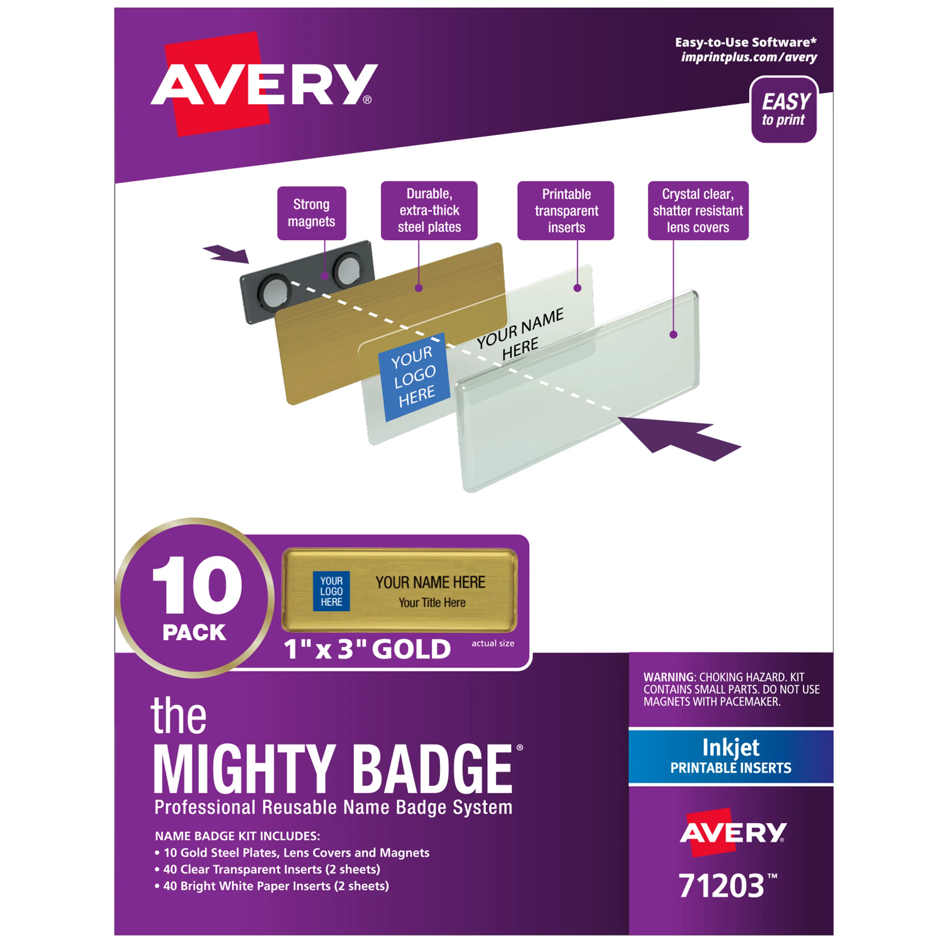 Avery Reusable Magnetic Professional Name Badge System, 1" x 3" Gold Name Tags, 10 Identification Badges, 80 Inkjet Printable Inserts, Design Software Included (71203)