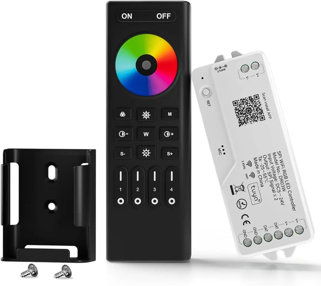 2.4G WiFi DR03W RGB SPI Controller RC03RF RF Remote Tuya APP/Smart Life/Google Home/Alexa Control Support WS2812B WS2811 WS2813 WS2815 etc LED Strip STA Mode