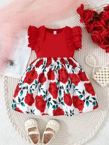 Baby Girl Summer Dress with Lace Cuffs, Floral Print, Valentine's Day, Cute Toddler Clothing, Casual Wear, Floral Printed Dress