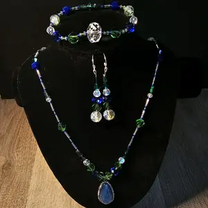 Gabriela Haller HigherKii Artique Marine Jewelry Set with Tear Drop Shaped Pendant and Beaded Necklace Set