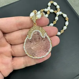 Luna Gem Co Niche Unique Laughing Buddha Necklace| Boho Beaded Pendant Chain Good Luck Laughing Buddha Sweater Necklace| Handmade Inlaid Jewelry for Women