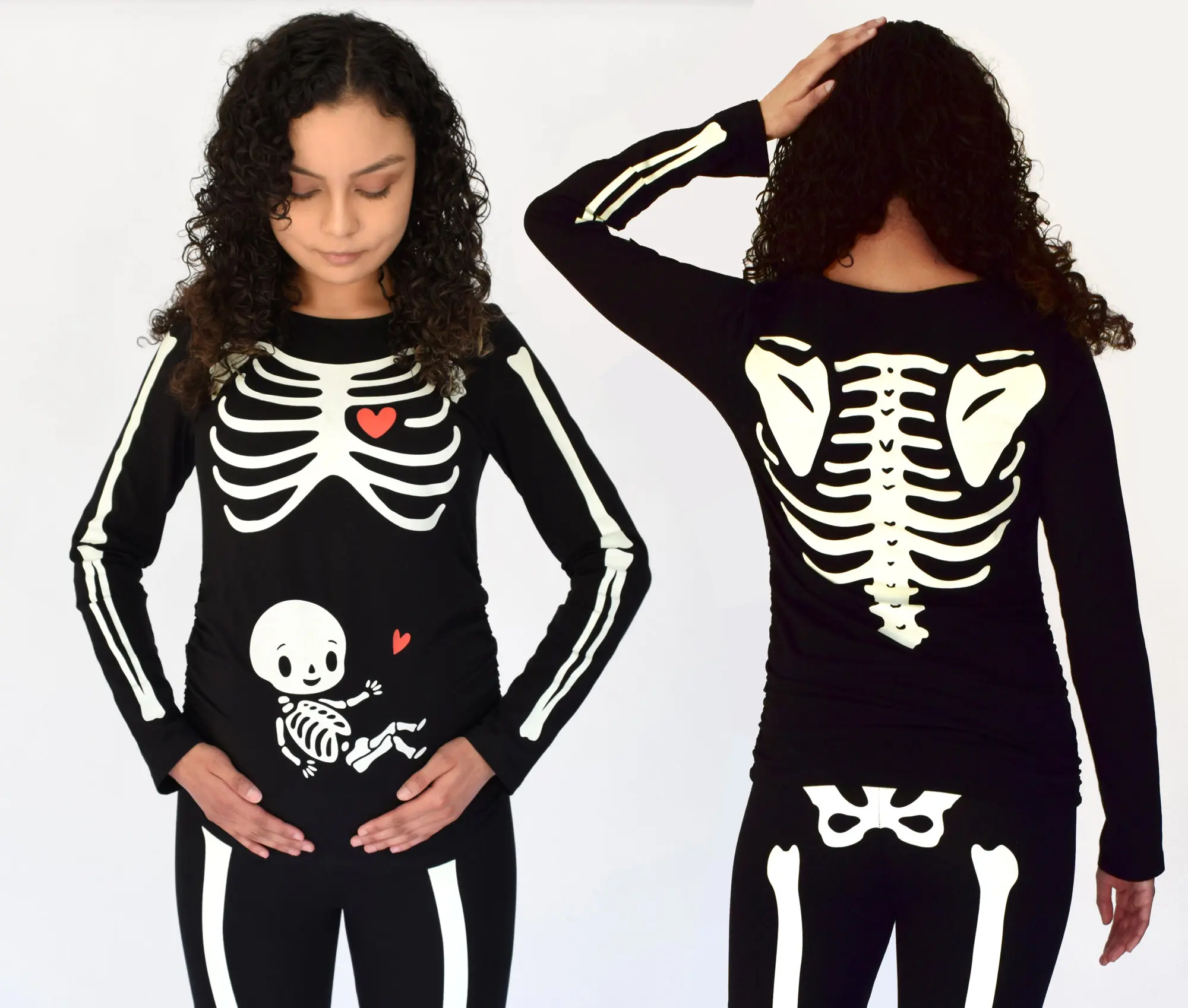 Pregnant Halloween Skeleton Costume Maternity Baby Halloween Shirt and Leggings Glow in the Dark Print on Front and Back Women's