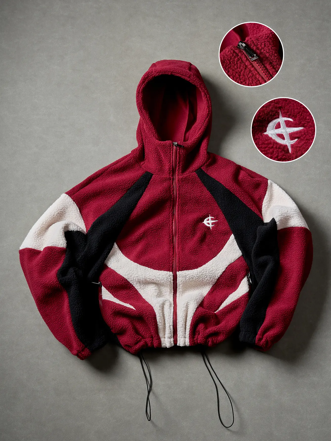 One men’s hooded jacket made of textured fleece with a patchwork design. Urban casual style with contrasting geometric lines and a drawstring at the hem; side zipper pockets are practical. Suitable for men’s everyday commuting, shopping, and exploring sto