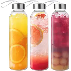 3 Packs Glass Water Bottles with Lid Clear Juice Bottles  Bottle with Stainless Steel Cap Glass Cups Liquid Storage Containers for Juicing Beverage Refrigerator Travel-18oz