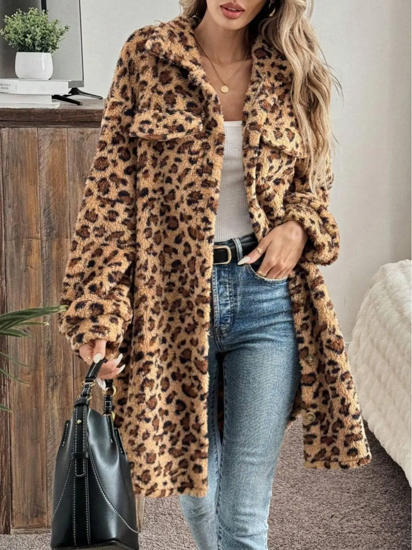 Women's Fashionable Winter Leopard Long Jacket Coat, Casual Fitted Style, Warm & Cozy Design, Perfect for Autumn & Winter Seasons, Outerwear