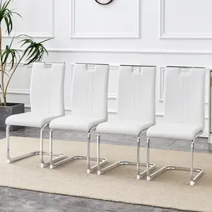 Set of 4 White PU Leather Dining Chairs Modern Bow Design Comfortable Faux Leather Accent Chairs for Living Room Dining Room Kitchen