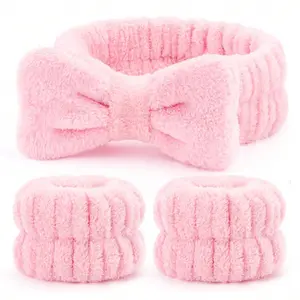 3Pcs/Set Spa Facial Headbands, 1pc Solid Color Bath Headband & 2pcs Bath Wrist Band, Creative Fluffy Polyester Facial Makeup Headband & Wrist Wash Band Set For Bathroom