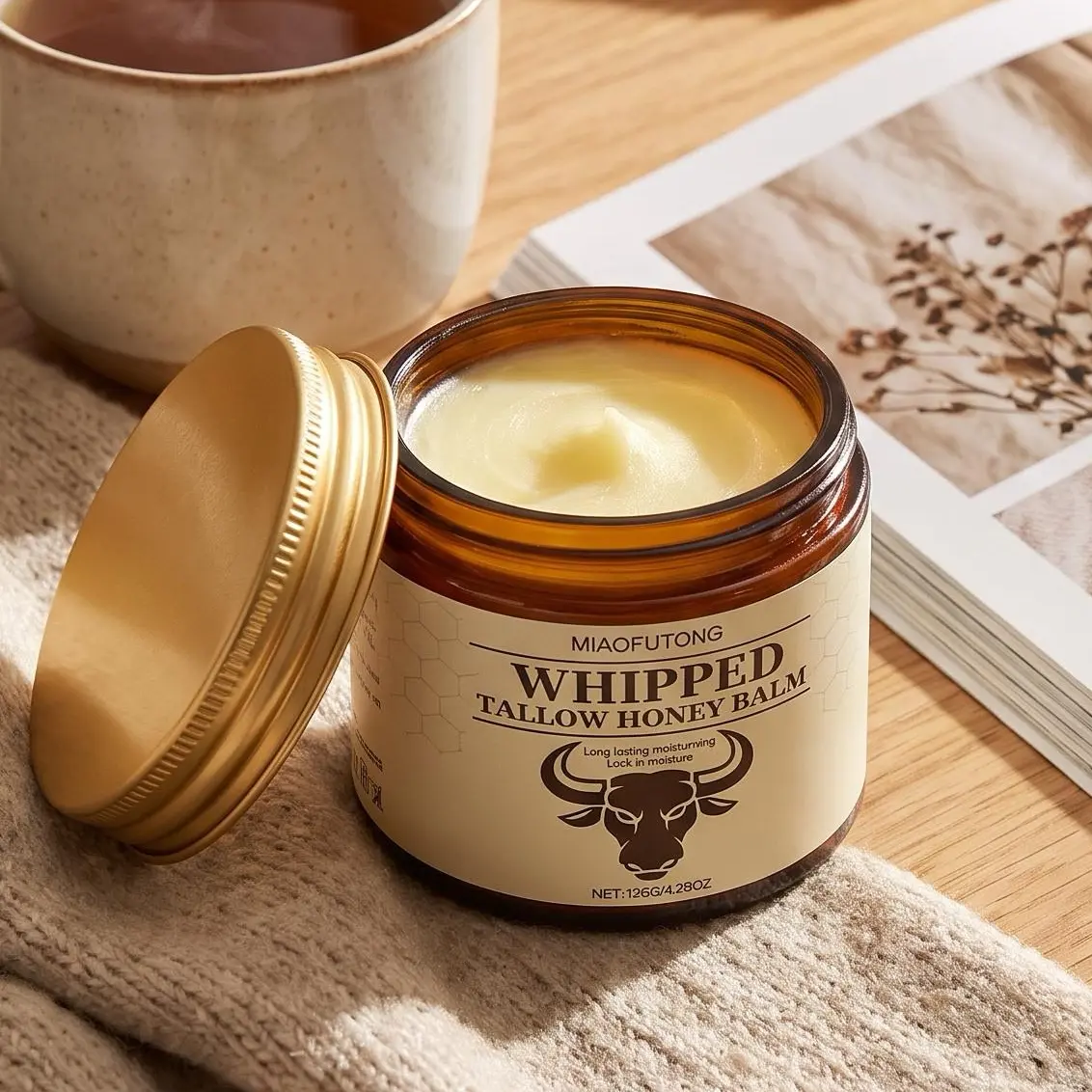 Organic Grass-Fed Tallow Whipped Honey Skin Balm, Deep Hydrating Moisturizing Cream for Face & Body, Gentle Nourishment for Dry, Cracked and Irritated Skin, Suitable for All Skin Types