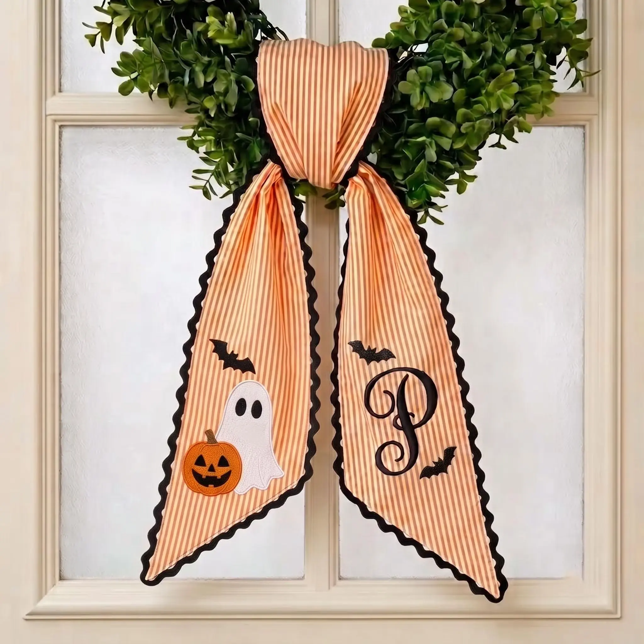 Custom Embroidery Halloween Ghost with Bat Name Sash, Embroidery Monogram Spooky Bow, Custom Name Gingham Ribbon, Halloween Front Door Decor